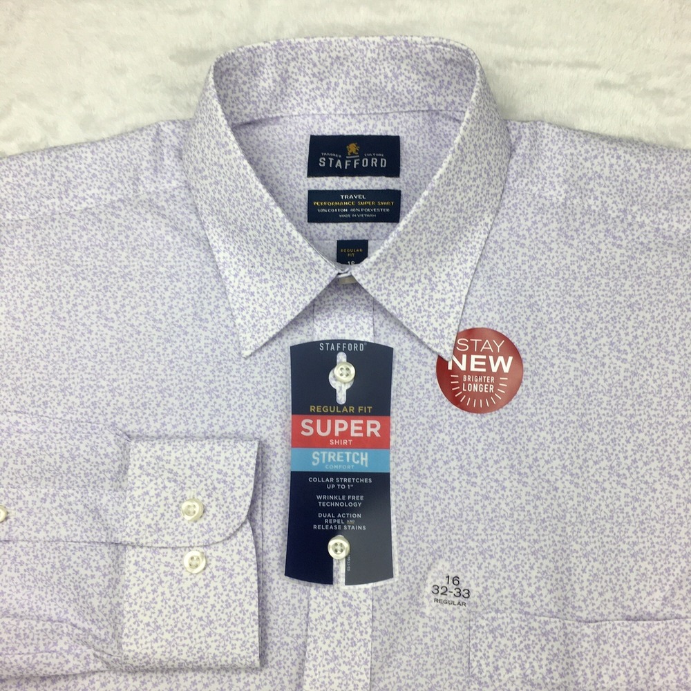Stafford Performance Super Shirt Mens 16-32/33 Lavender Print Stretch NWT!